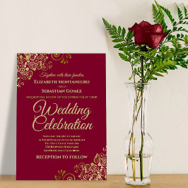 Invitación Frilly Gold Burgundy Maroon Simple Elegante Boda