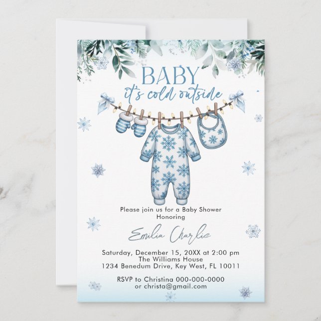 Invitación Frío fuera de invierno Ropa de bebé Baby Shower (Anverso)