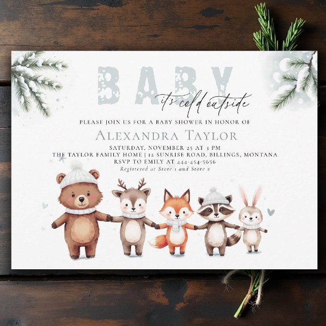 Invitación Frío fuera de Woodland Animals Winter Baby Shower (winter baby shower invitation cold outside cute woodland animals watercolor snowing pine watercolor)