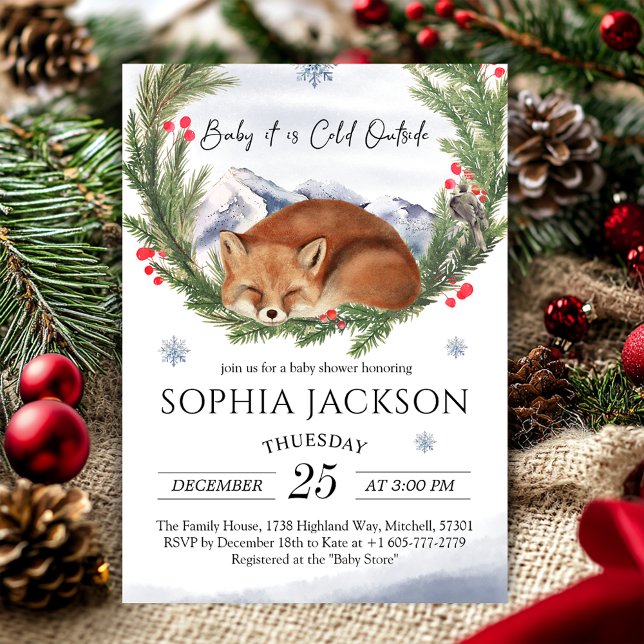 Invitación Frío fuera de Woodland Fox Winter Baby Shower (Cold Outside Woodland Fox Winter Baby Shower Invitation)