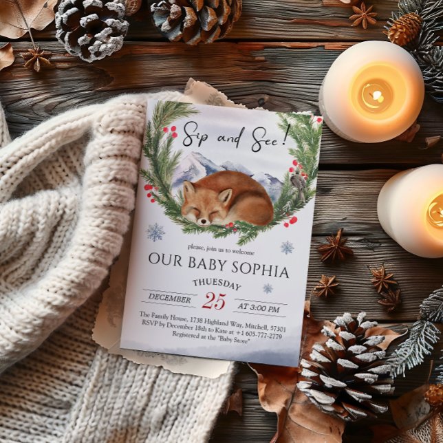 Invitación Frío Fuera De Woodland Fox Winter Sip Y Ver (Cold Outside Woodland Fox Winter Sip And See Invitation)