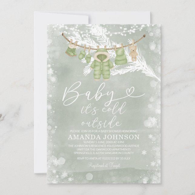 Invitación Frío verde sabio de la ropa fuera de Baby Shower (Anverso)