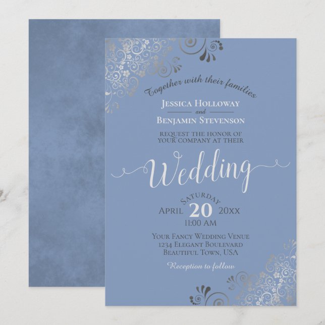 Invitación Fríos plateados elegante gris sobre Boda azul clar (Anverso / Reverso)