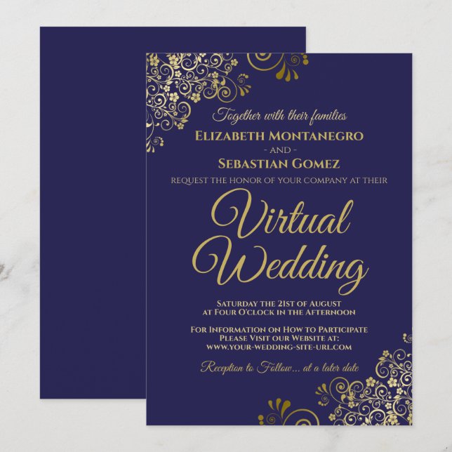 Invitación Fritos de oro en Boda virtual elegante azul de la  (Anverso / Reverso)