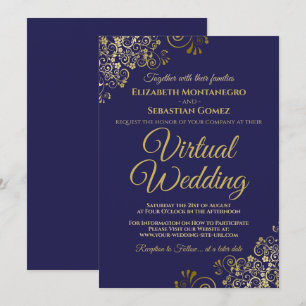 Invitación Fritos de oro en Boda virtual elegante azul de la