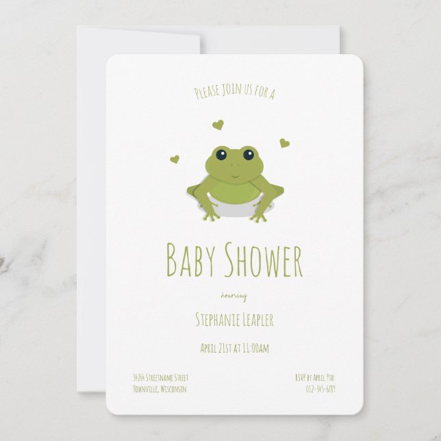 Invitación Frog Hearts Green Cute Animal Baby Shower (Anverso)