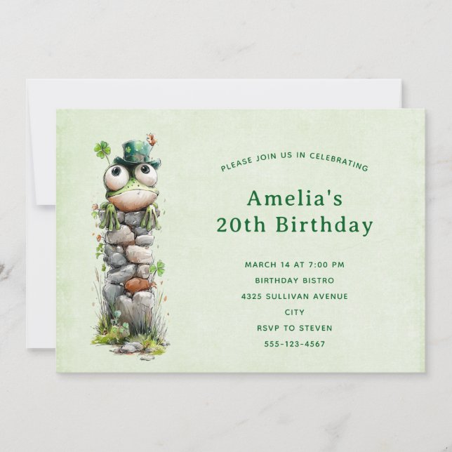 Invitación Frog with Green Hat and Shamrock Cute Birthday (Anverso)