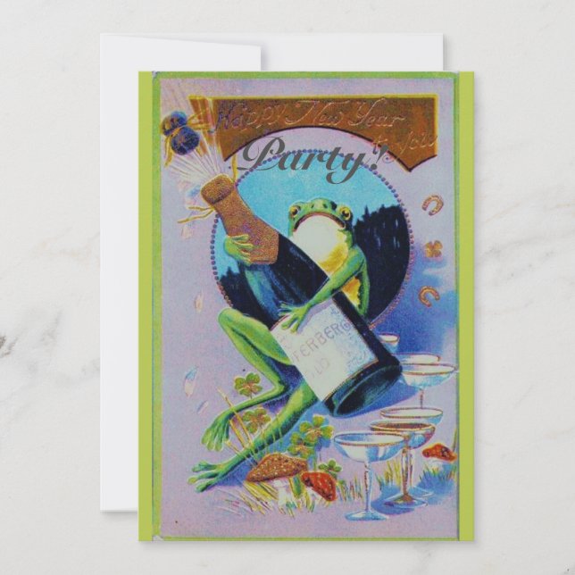 Invitación Froggy con botella de champán Fiesta de Nochevieja (Anverso)