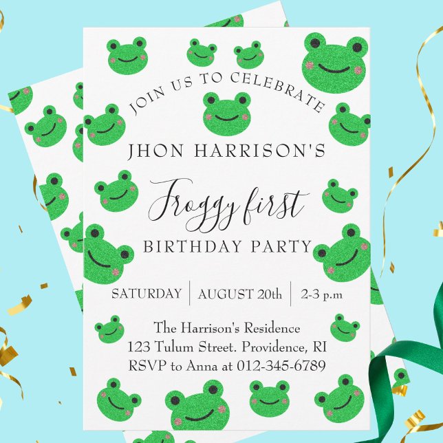 Invitación Froggy First Birday Party Green Frog (Froggy First Birthday Party Green Frog Invitation)