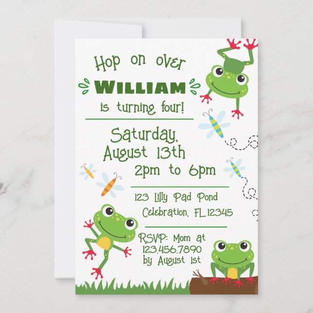 Invitación Frogtastic Jumping Frogs Niños Cumpleaños (Anverso)