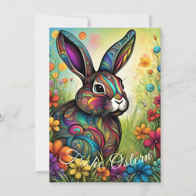 Invitación Frohe Ostern - Osterhase in Blumen (Anverso)