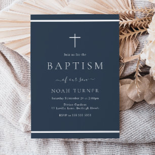 Invitación Frontera blanca del bautismo azul de la marina mod