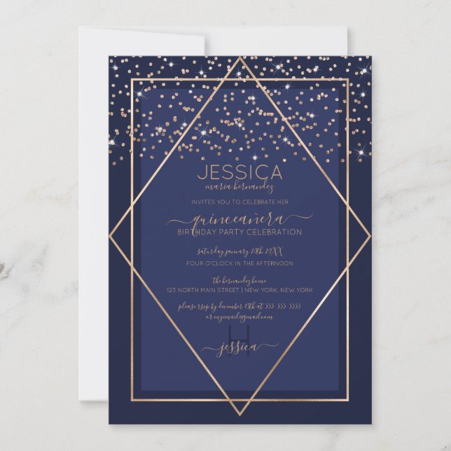 Invitación Frontera Confetti de oro Azul de la Marina Quincea (Anverso)