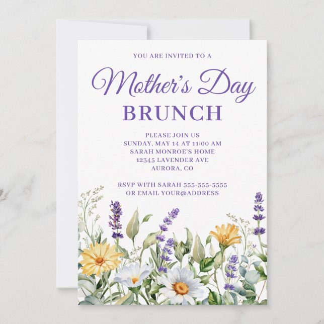 Invitación Frontera de Acuarela de Flores Silvestres Brunch d (Anverso)