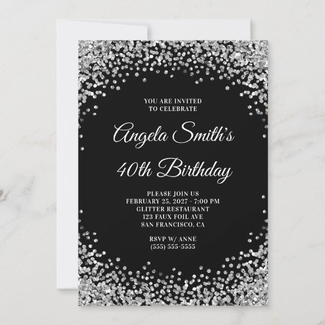 Invitación Frontera de brillo plateado Cumpleaños 40 negro (Anverso)