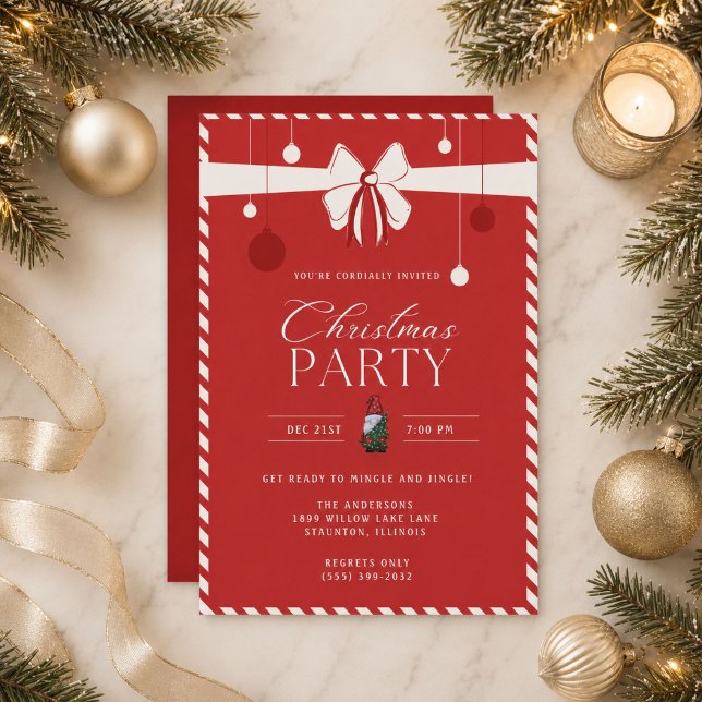 Invitación Frontera de Caramelo Rojo Fiesta de Navidad  (Red Candy Cane Border Christmas Party Invitation)
