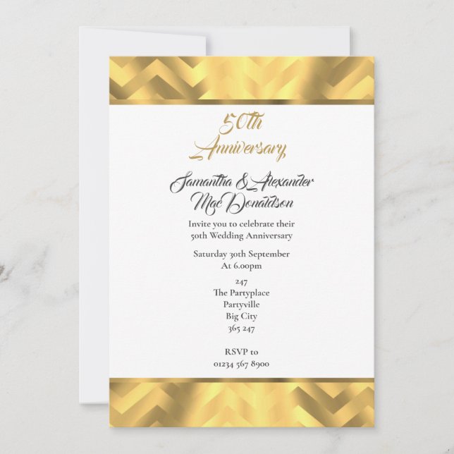 Invitación Frontera de chevron de oro 50 aniversario de boda (Anverso)