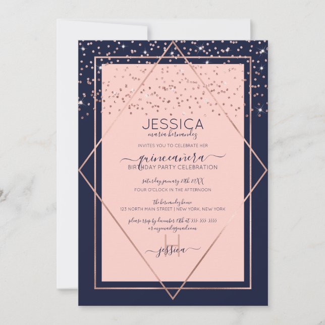 Invitación Frontera de Confetti de oro rosa rosa de la marina (Anverso)
