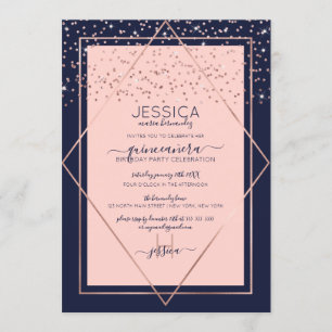 Invitación Frontera de Confetti de oro rosa rosa de la marina