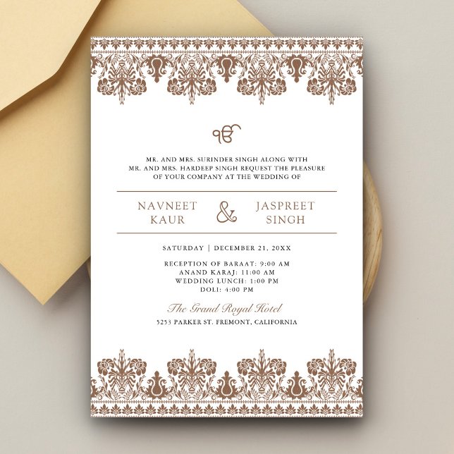 Invitación Frontera de damasco marrón Anand Karaj Boda Sikh (Subido por el creador)