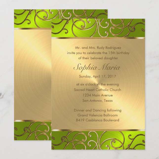 Invitación Frontera de natación Quinceanera Gold y Lime Filig (Anverso / Reverso)