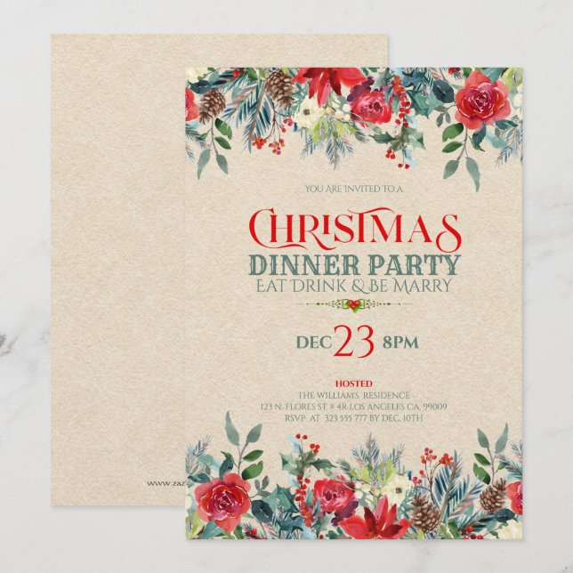 Invitación Frontera de papel Kraft y flores para Navidades (Anverso / Reverso)