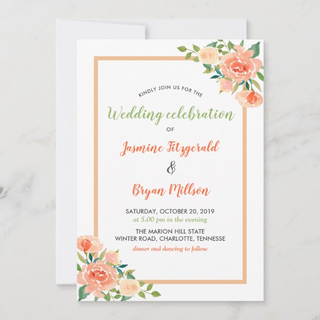 Invitación Frontera de Peach Florals | BODA (Anverso)
