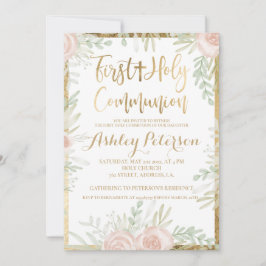 Invitación Frontera dorada floral rosa Primera Comunión Santa
