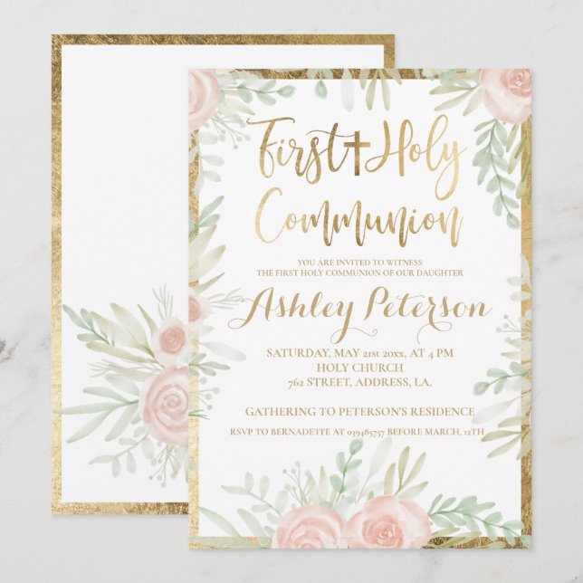 Invitación Frontera dorada floral rosa Primera Comunión Santa (Anverso / Reverso)