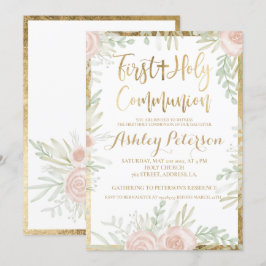 Invitación Frontera dorada floral rosa Primera Comunión Santa