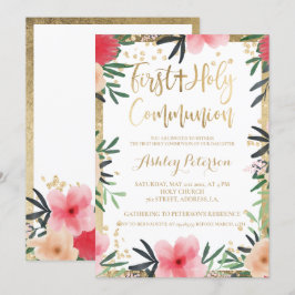 Invitación Frontera dorada floral rosa roja Primera Santa Com