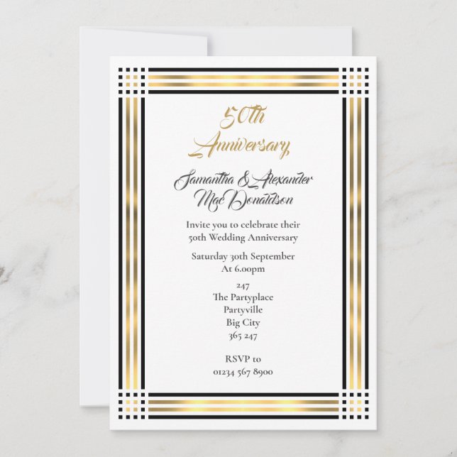 Invitación Frontera dorada y negra boda de oro (Anverso)