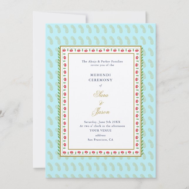 Invitación Frontera floral Aqua & Gold boda indio Mehendi (Anverso)