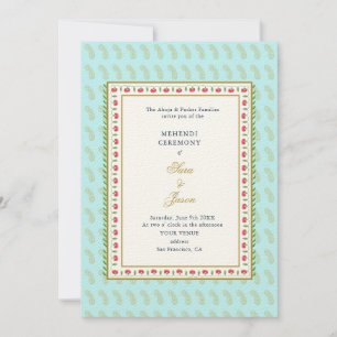 Invitación Frontera floral Aqua & Gold boda indio Mehendi