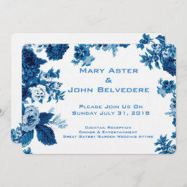Invitación Frontera floral botánica del vintage azul y blanco