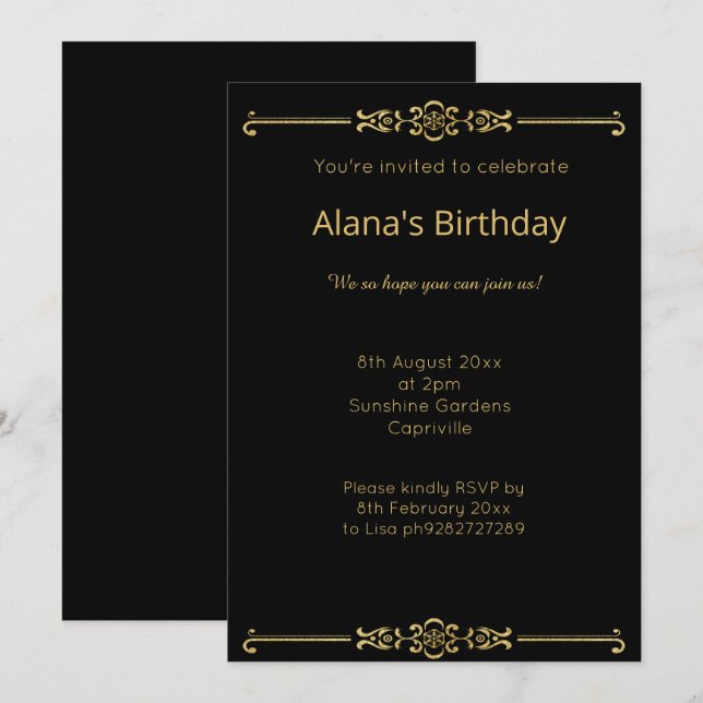 INVITACIÓN FRONTERA MODERNA DE ORO NEGRO ELEGANTE (Anverso / Reverso)