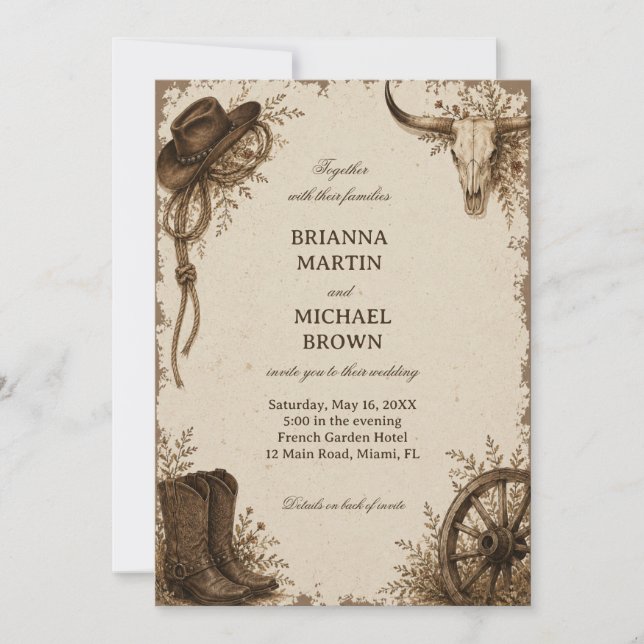 Invitación Frontera Pradera Rústico Occidental (Anverso)
