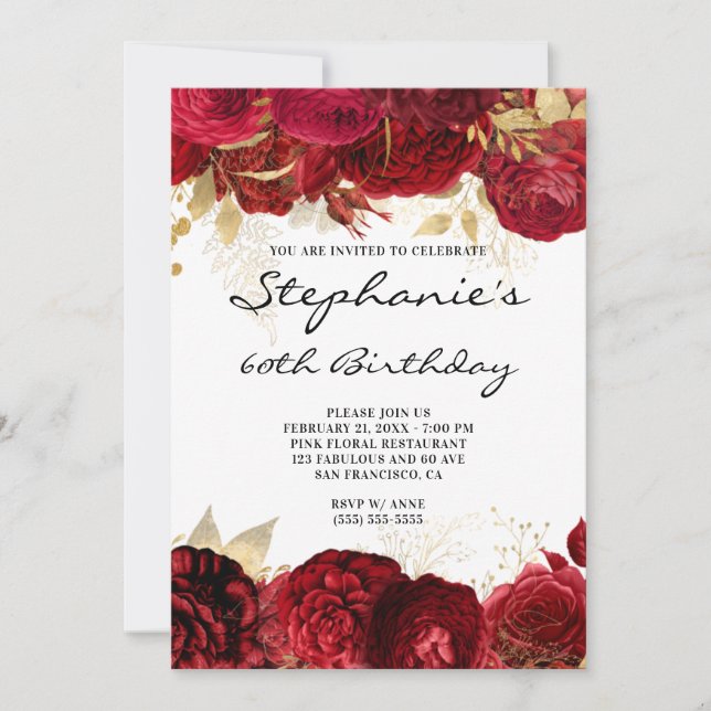 Invitación Fronteras doradas y florales rojas 60 cumpleaños (Anverso)