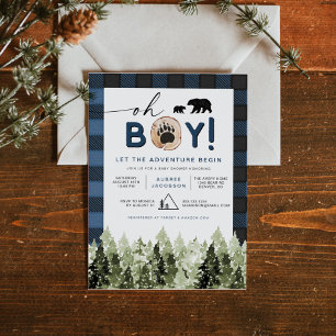 Invitación FROST Baby Shower Niño Franela Azul de Pino Leñado