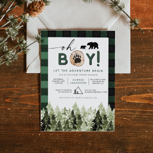 Invitación FROST Green Flannel Pine Bear Boy Baby Shower