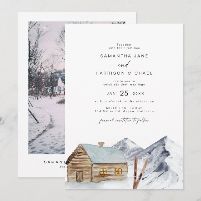 Invitación FROST Mountain Ski Cabin Snowy Winter Wedding (Anverso / Reverso)