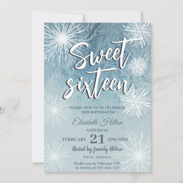 Invitación Frost Winter wonderland copos de nieve dulce 16 (Anverso)