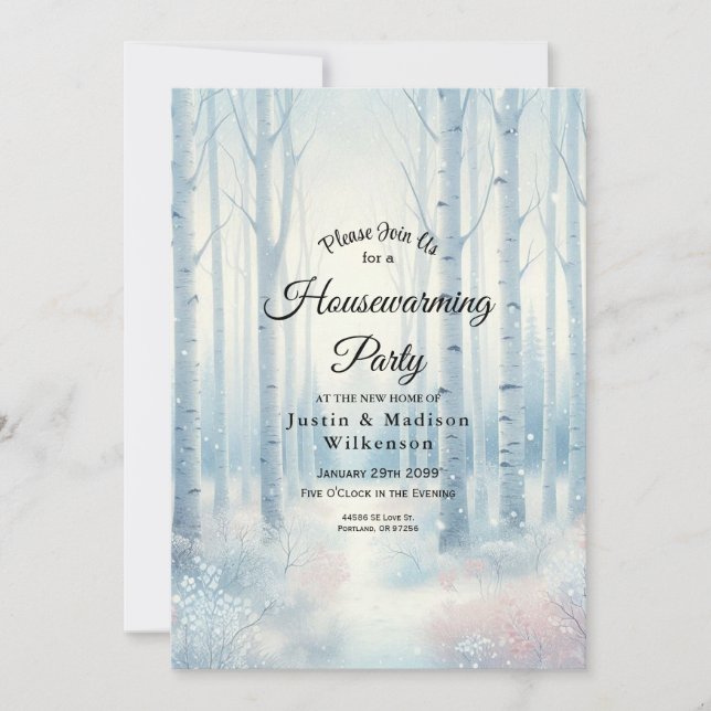 Invitación  Frosted Blue Birch Forest Housewarming Party (Anverso)