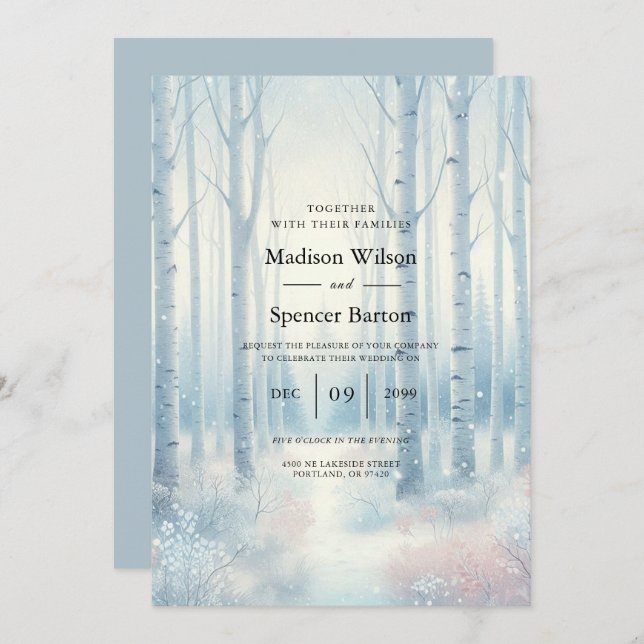 Invitación Frosted Blue Birch Forest Wedding (Anverso / Reverso)