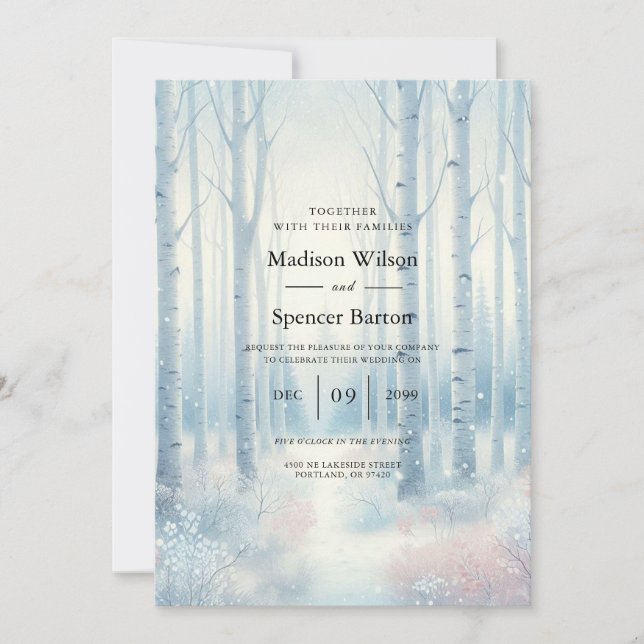 Invitación Frosted Blue Birch Forest Wedding (Anverso)