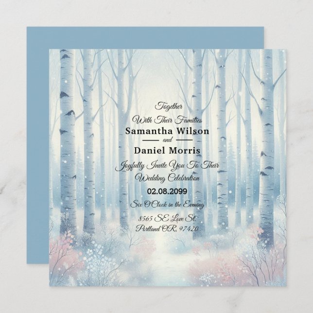 Invitación Frosted Blue Birch Forest Wedding (Anverso / Reverso)