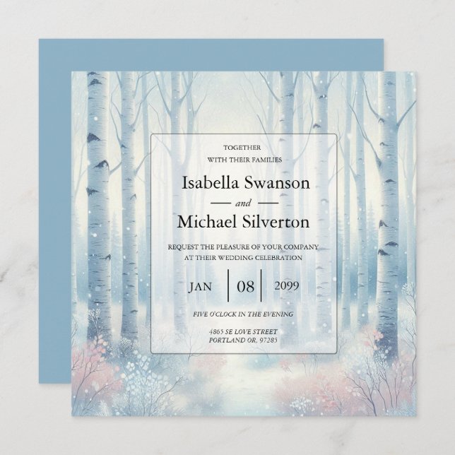 Invitación Frosted Blue Birch Forest Wedding (Anverso / Reverso)