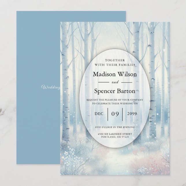 Invitación Frosted Blue Birch Forest Wedding (Anverso / Reverso)
