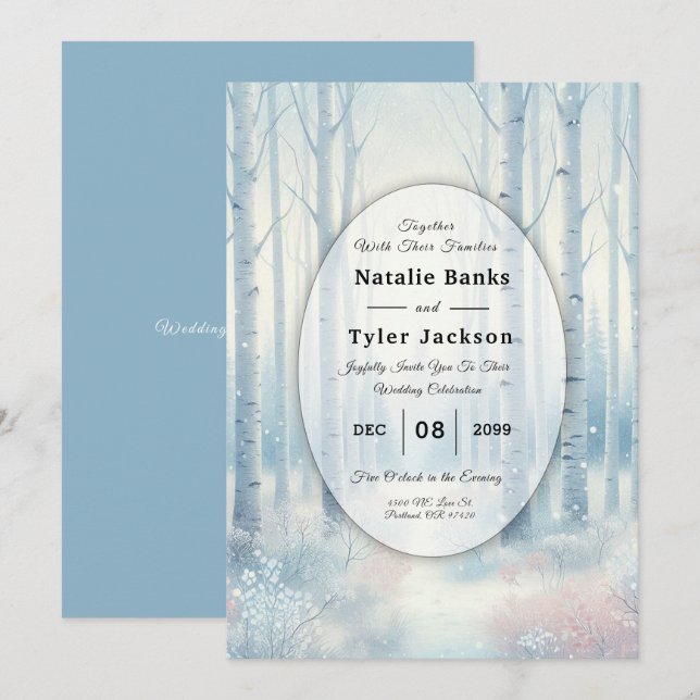 Invitación Frosted Blue Birch Forest Wedding (Anverso / Reverso)