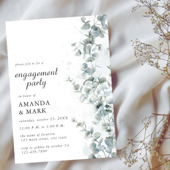 Invitación Frosted Blue Eucalyptus Winter Engagement Party  (Subido por el creador)